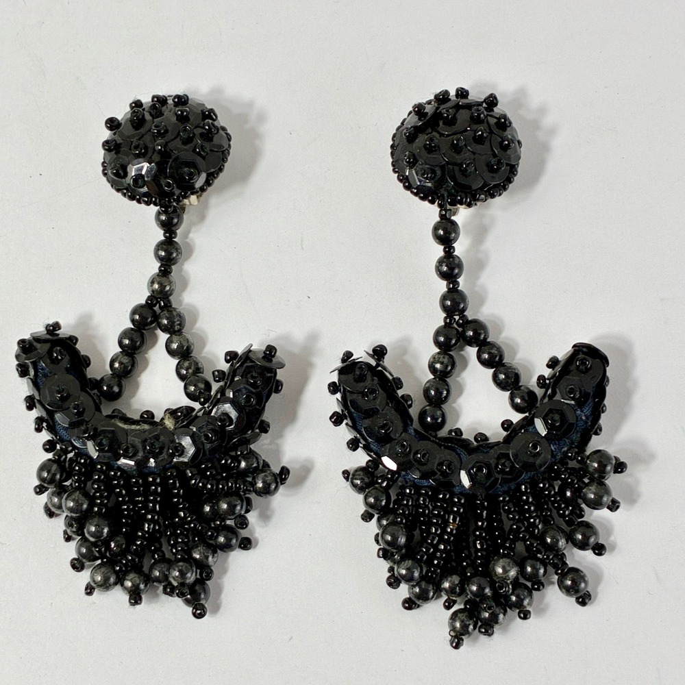 VTG Black Beaded Sequin Tassel Clip On Earrings Statement 4" Drop Fringe Gothic